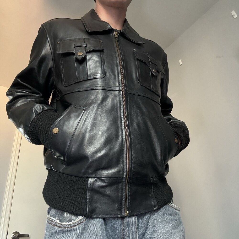 Vintage Kyomo Black Leather Men's Jacket Quilted Studded Pockets Sz Large